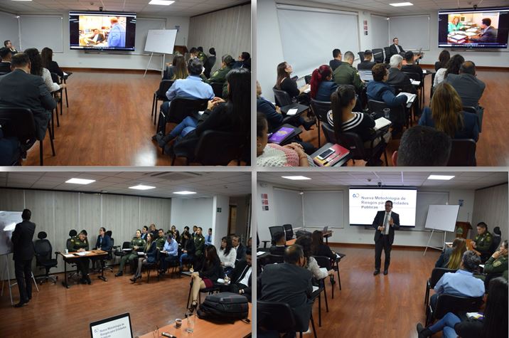 Continuando con las sensibilizaciones en temas que son de actualidad para todos los procesos que se manejan en la entidad, el Grupo Control Disciplinario Interno gestionó con el Departamento Administrativo de la Función Pública, una  capacitación en la Nueva Metodología de la Administración de Riesgos para las Entidades Públicas,  para todos los funcionarios que conforman la entidad y con el acompañamiento de nuestro Director General Señor Coronel José Ignacio Vásquez Ramírez. 